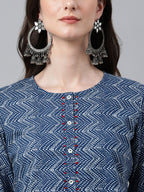 Janasya Women's Indigo Cotton Zig Zag Printed Casual Straight Kurta