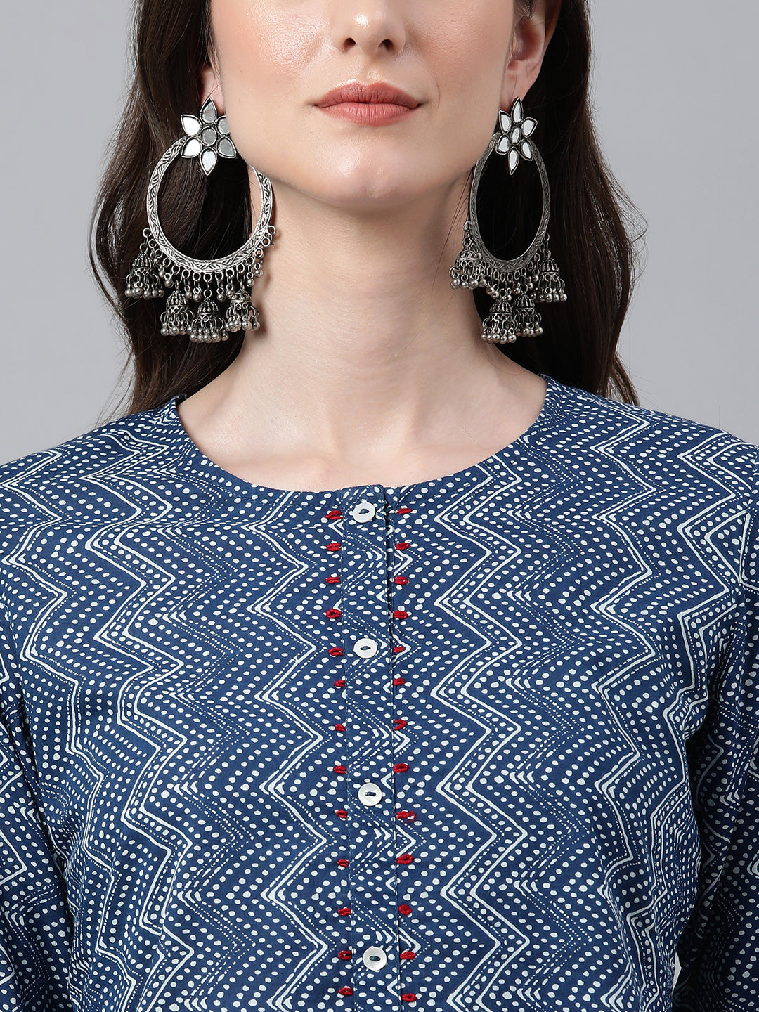 Janasya Women's Indigo Cotton Zig Zag Printed Casual Straight Kurta