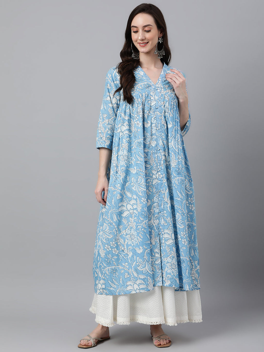 Janasya Women's Sky Blue Cotton Floral Printed Casual Flared Kurta