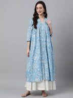 Janasya Women's Sky Blue Cotton Floral Printed Casual Flared Kurta