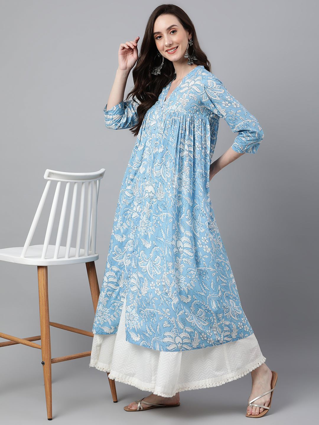 Janasya Women's Sky Blue Cotton Floral Printed Casual Flared Kurta