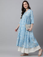 Janasya Women's Sky Blue Cotton Floral Printed Casual Flared Kurta