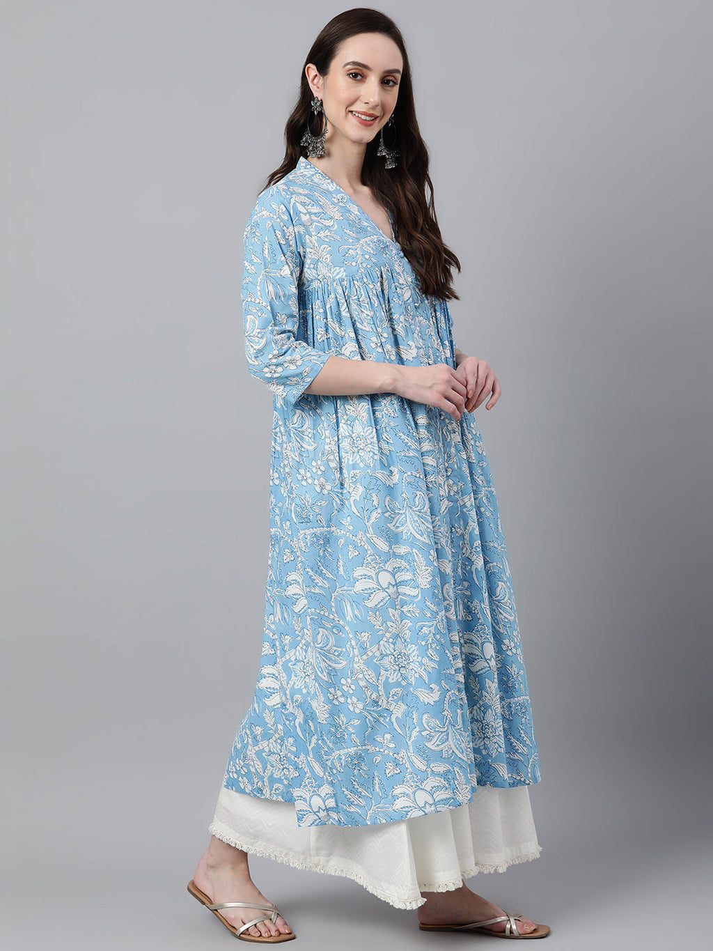 Janasya Women's Sky Blue Cotton Floral Printed Casual Flared Kurta