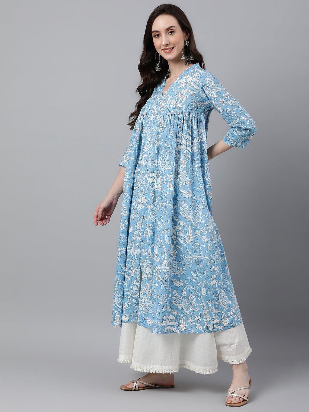 Janasya Women's Sky Blue Cotton Floral Printed Casual Flared Kurta