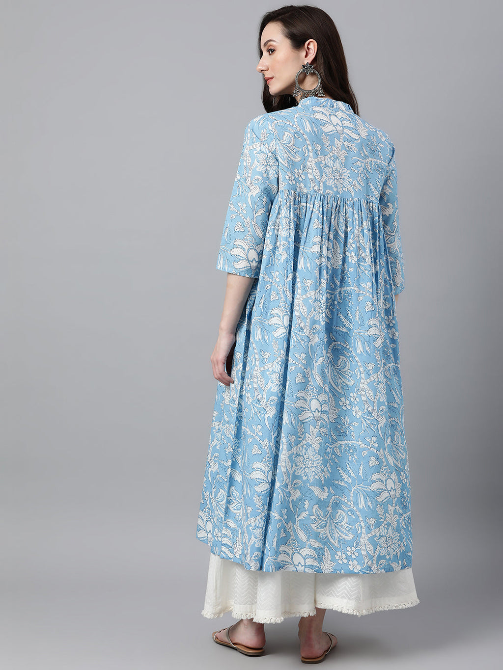 Janasya Women's Sky Blue Cotton Floral Printed Casual Flared Kurta