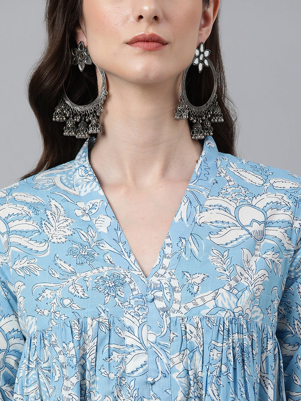 Janasya Women's Sky Blue Cotton Floral Printed Casual Flared Kurta