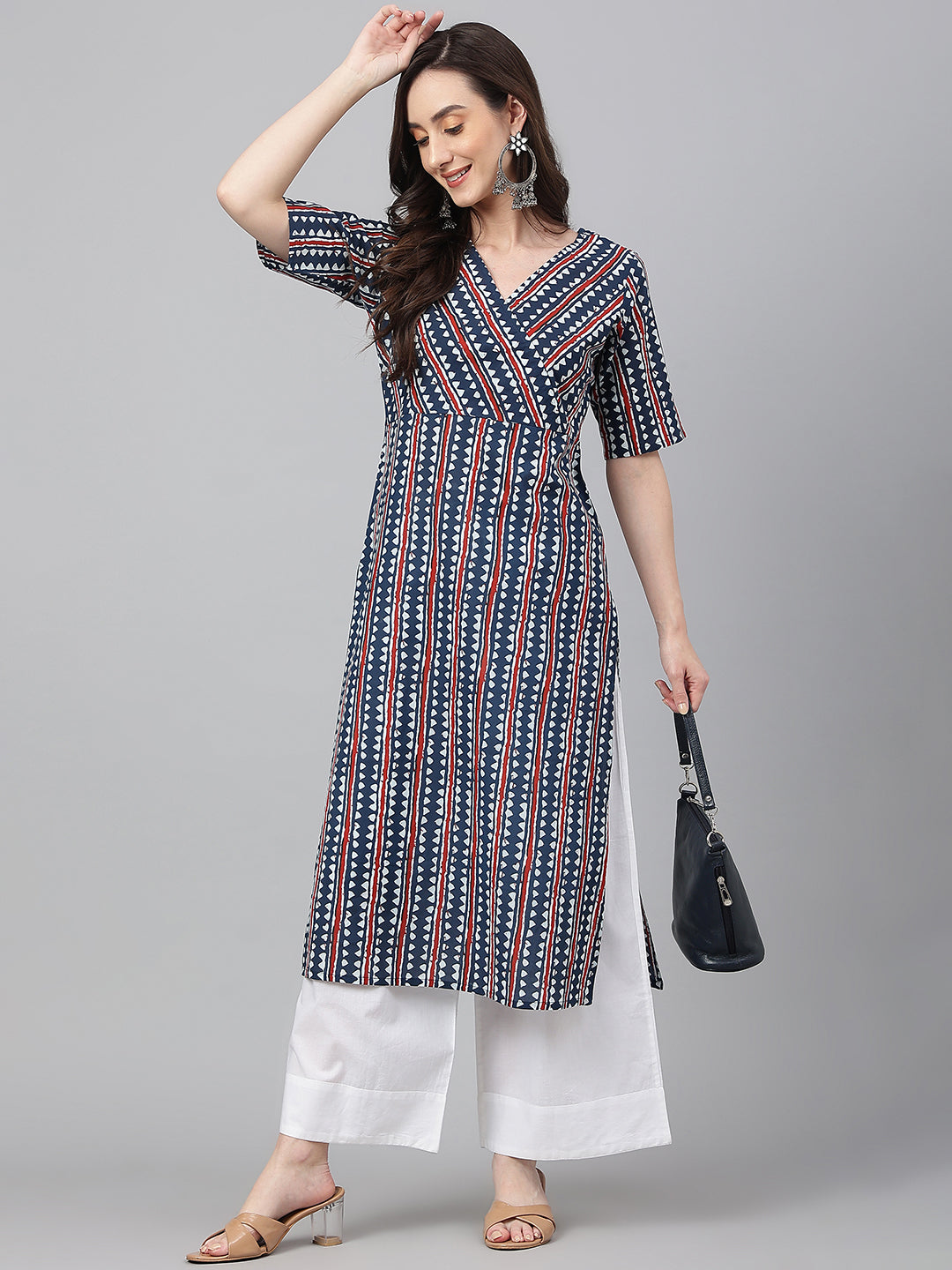 Janasya Women's Navy Blue Cotton Geometric Printed Casual Straight Kurta