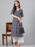 Janasya Women's Navy Blue Cotton Geometric Printed Casual Straight Kurta