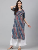 Janasya Women's Navy Blue Cotton Geometric Printed Casual Straight Kurta