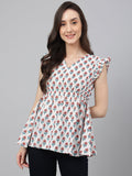 Janasya Women's White Cotton Floral Print Flared Top - Distacart