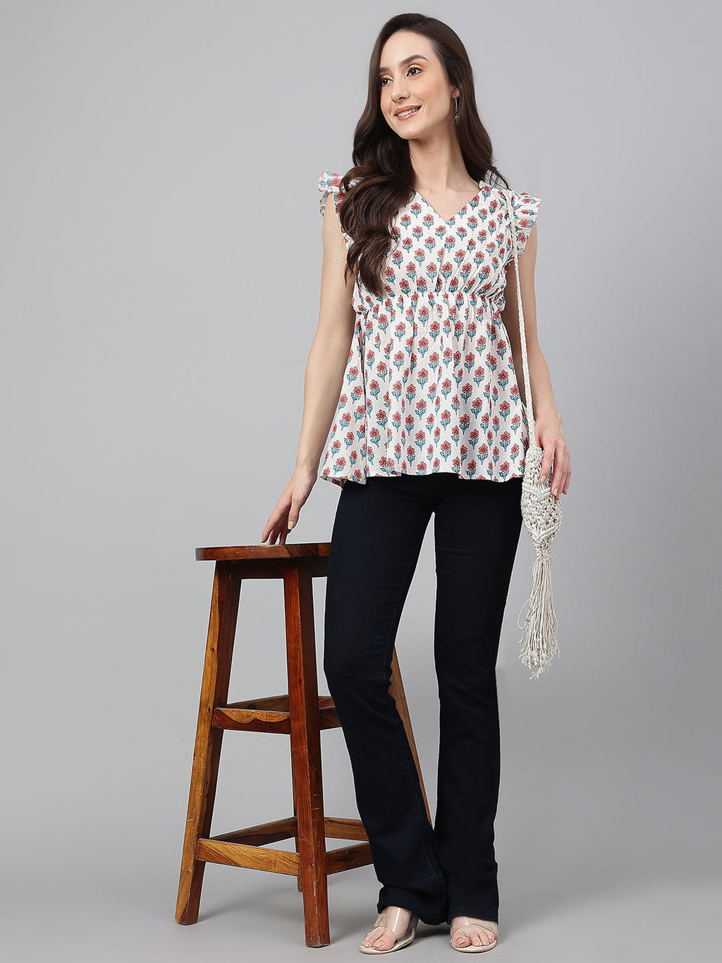 Janasya Women's White Cotton Floral Print Flared Top - Distacart