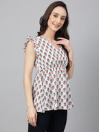 Janasya Women's White Cotton Floral Print Flared Top - Distacart