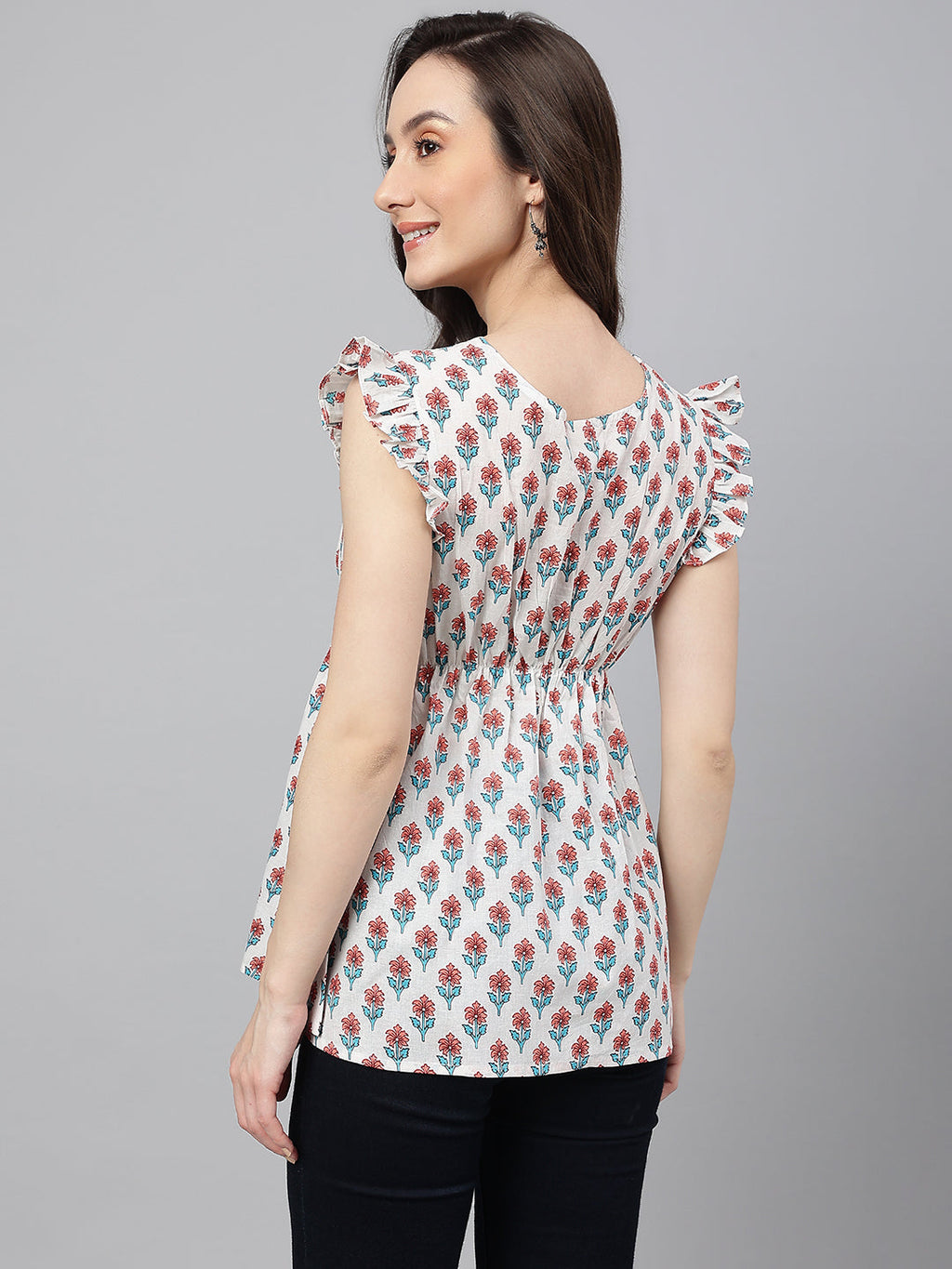 Janasya Women's White Cotton Floral Print Flared Top - Distacart