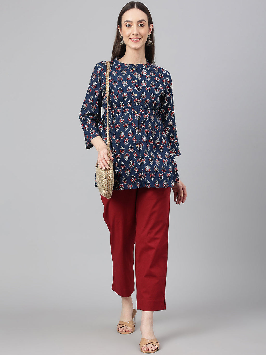 Janasya Women's Navy Blue Cotton Floral Print Peplum Top - Distacart