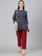 Janasya Women's Navy Blue Cotton Floral Print Peplum Top - Distacart