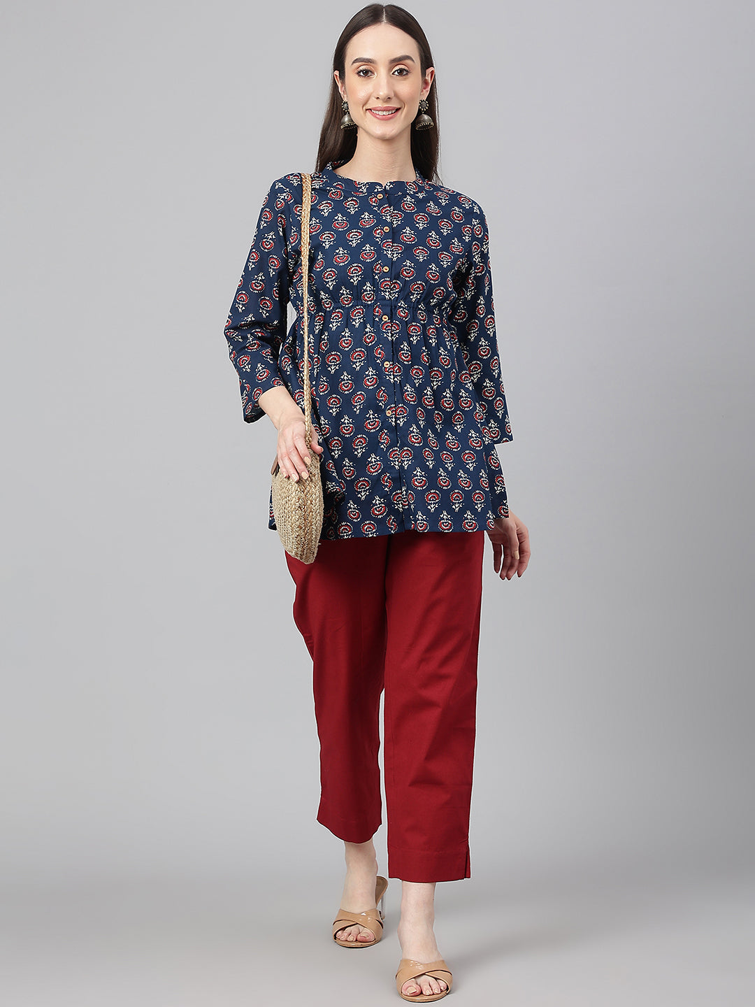 Janasya Women's Navy Blue Cotton Floral Print Peplum Top - Distacart