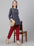 Janasya Women's Navy Blue Cotton Floral Print Peplum Top - Distacart