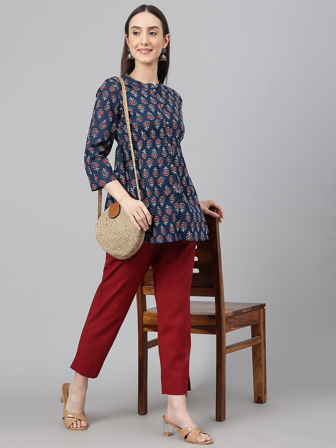 Janasya Women's Navy Blue Cotton Floral Print Peplum Top - Distacart