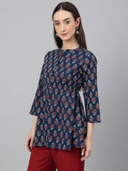 Janasya Women's Navy Blue Cotton Floral Print Peplum Top - Distacart