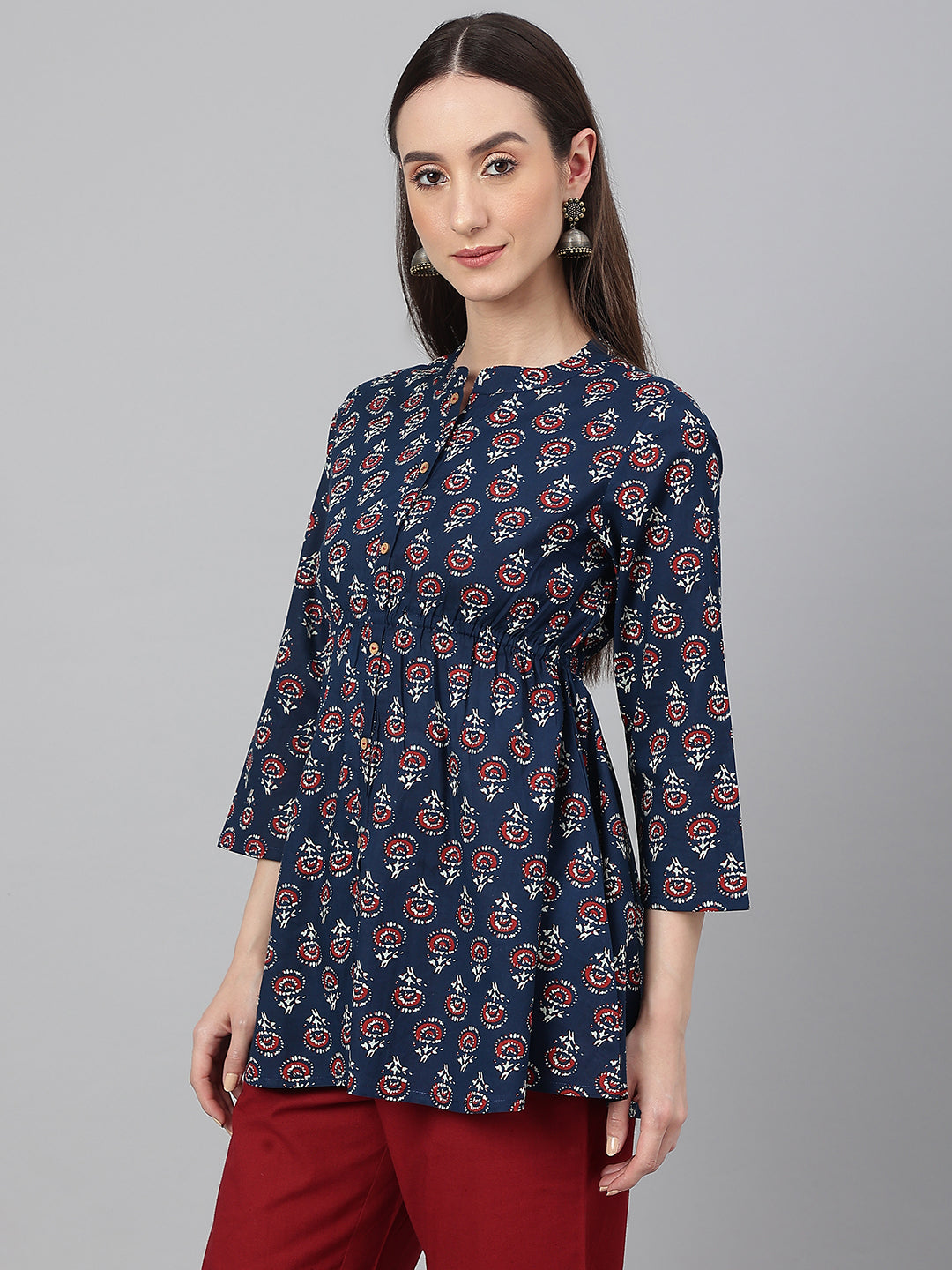 Janasya Women's Navy Blue Cotton Floral Print Peplum Top - Distacart