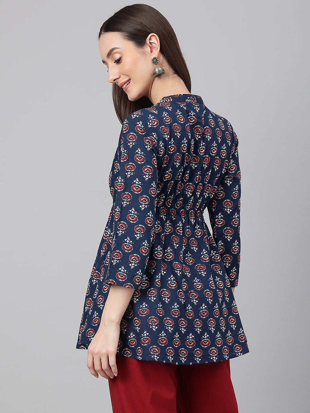 Janasya Women's Navy Blue Cotton Floral Print Peplum Top - Distacart