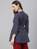 Janasya Women's Navy Blue Cotton Floral Print Peplum Top - Distacart