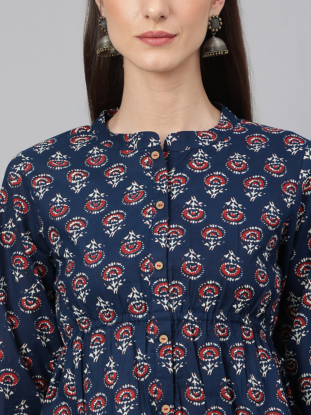 Janasya Women's Navy Blue Cotton Floral Print Peplum Top - Distacart
