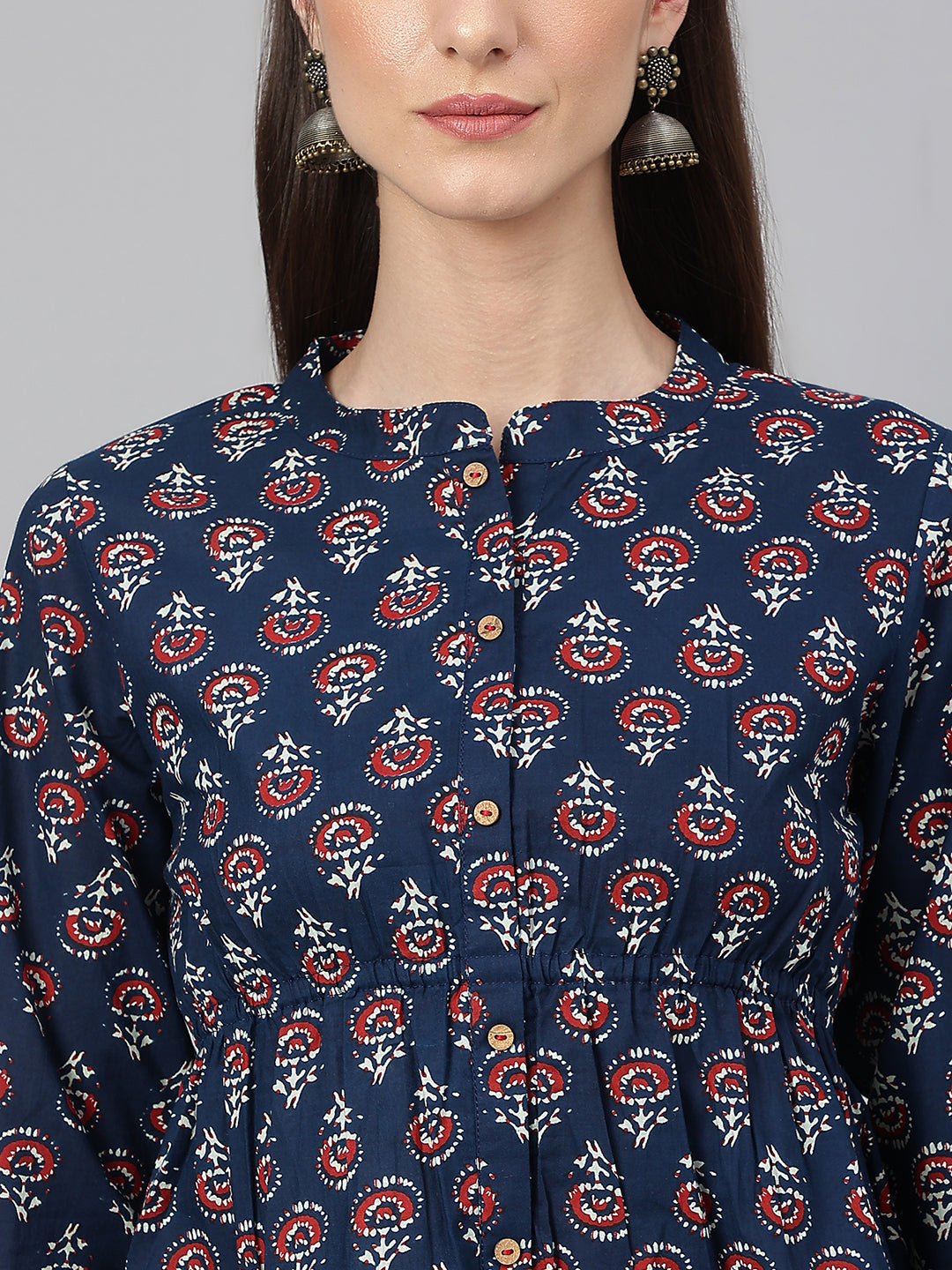 Janasya Women's Navy Blue Cotton Floral Print Peplum Top - Distacart