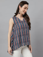 Janasya Women's Navy Blue Cotton Geometric Print High Low Top - Distacart