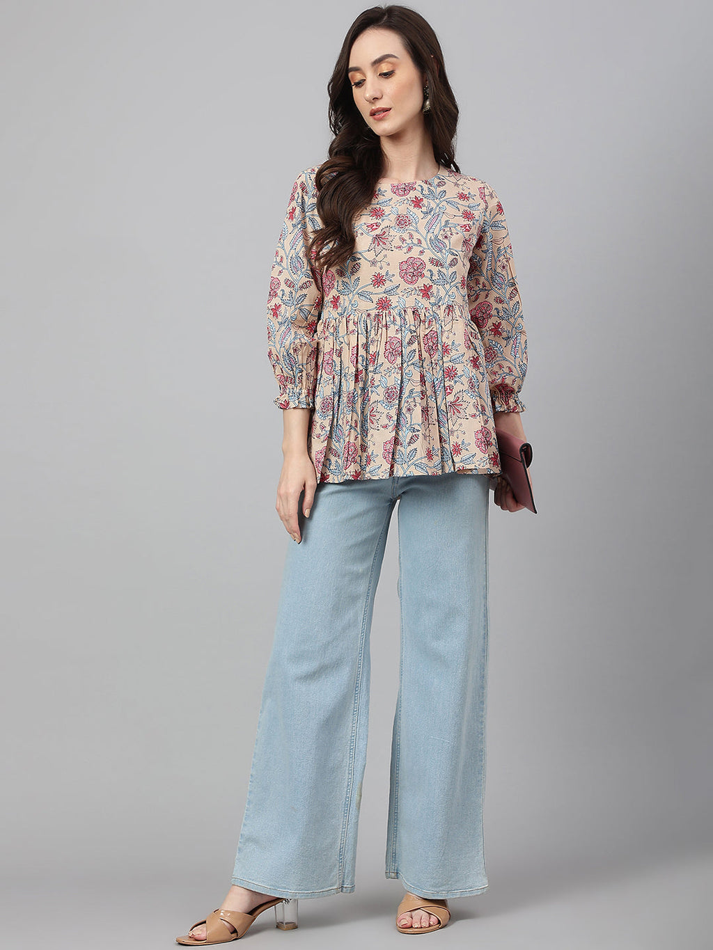 Janasya Women's Beige Cotton Floral Print Peplum Top - Distacart