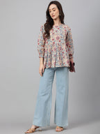 Janasya Women's Beige Cotton Floral Print Peplum Top - Distacart