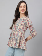 Janasya Women's Beige Cotton Floral Print Peplum Top - Distacart