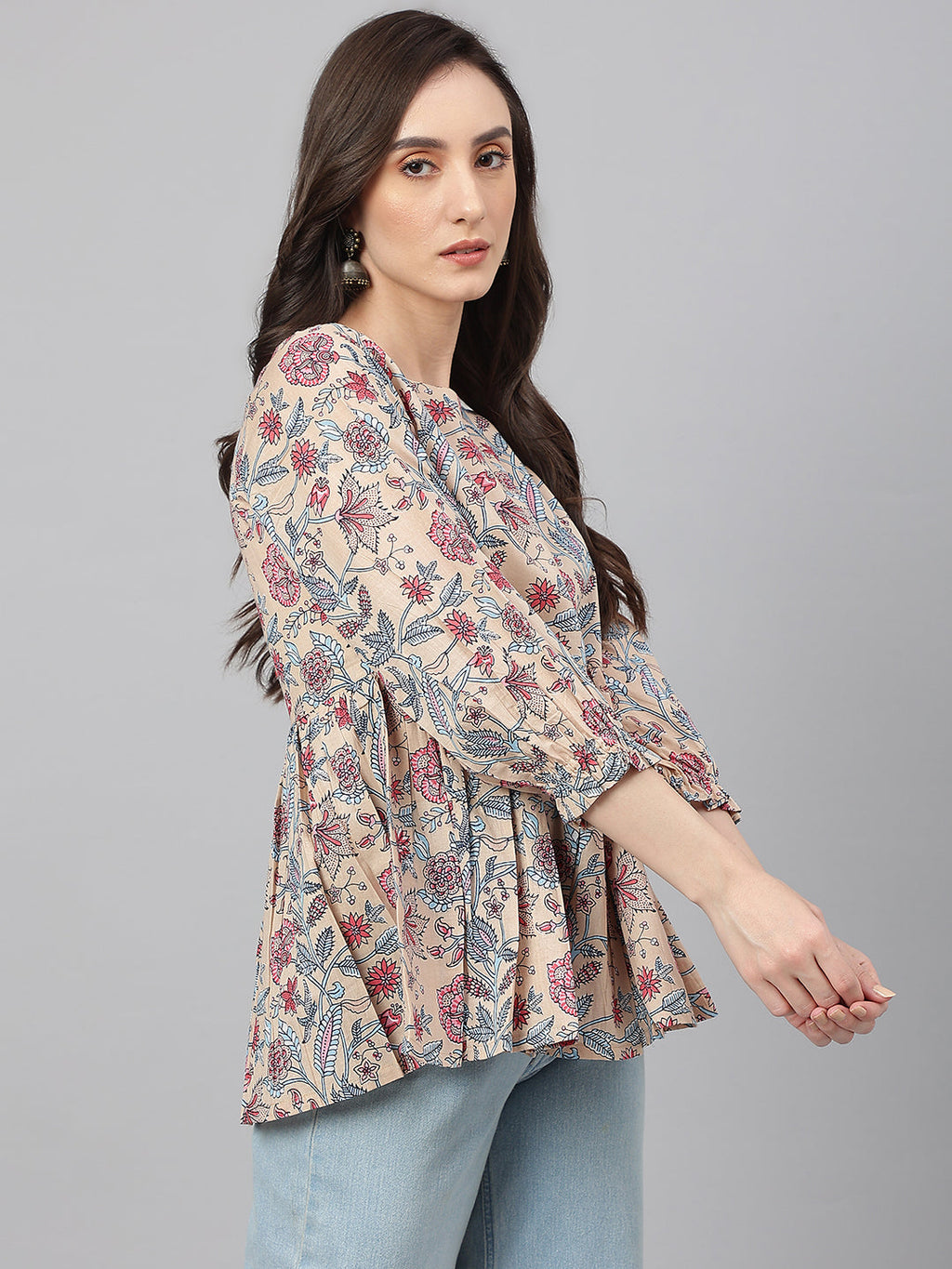 Janasya Women's Beige Cotton Floral Print Peplum Top - Distacart