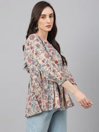 Janasya Women's Beige Cotton Floral Print Peplum Top - Distacart