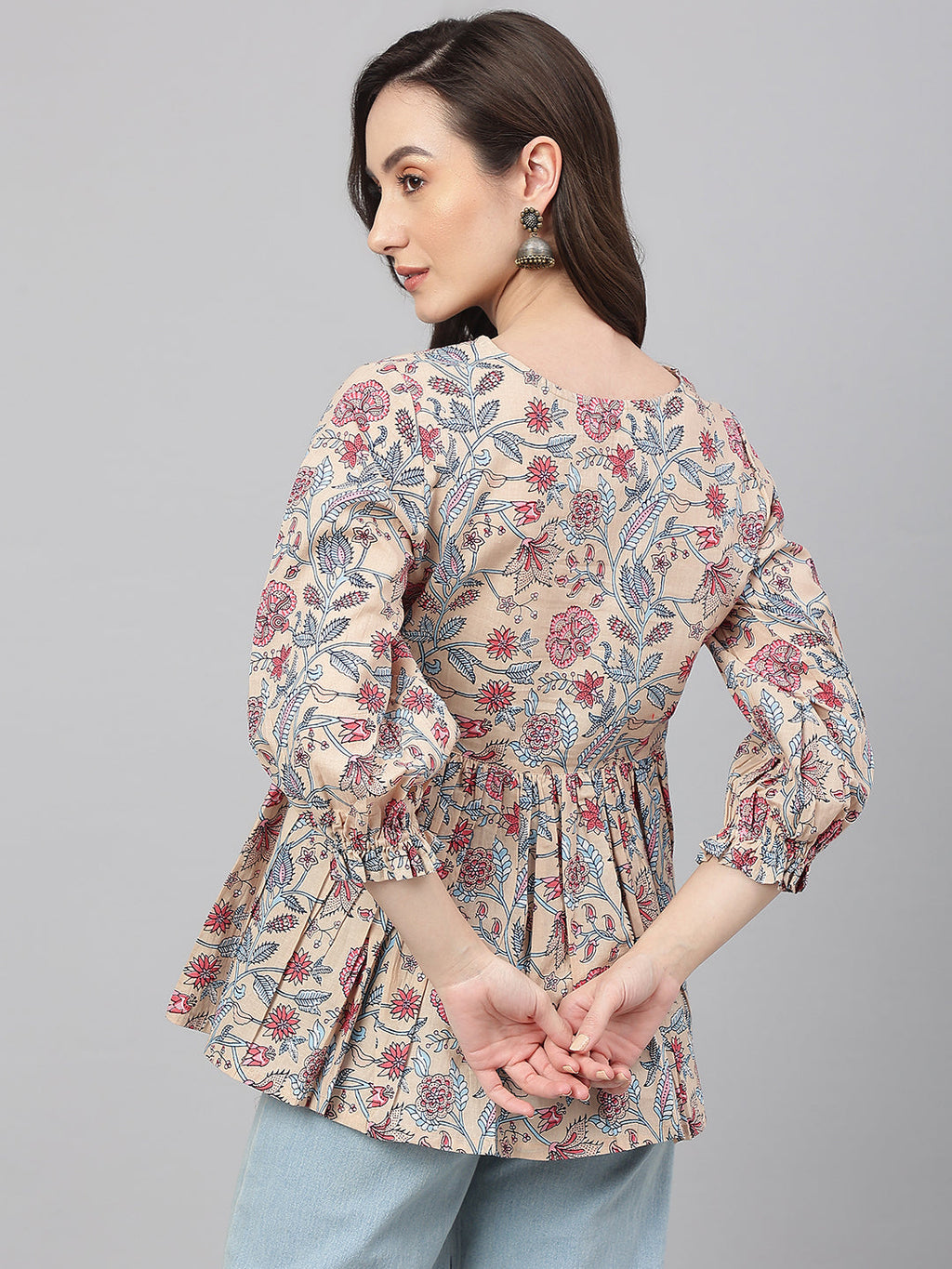 Janasya Women's Beige Cotton Floral Print Peplum Top - Distacart