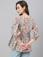 Janasya Women's Beige Cotton Floral Print Peplum Top - Distacart