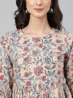 Janasya Women's Beige Cotton Floral Print Peplum Top - Distacart