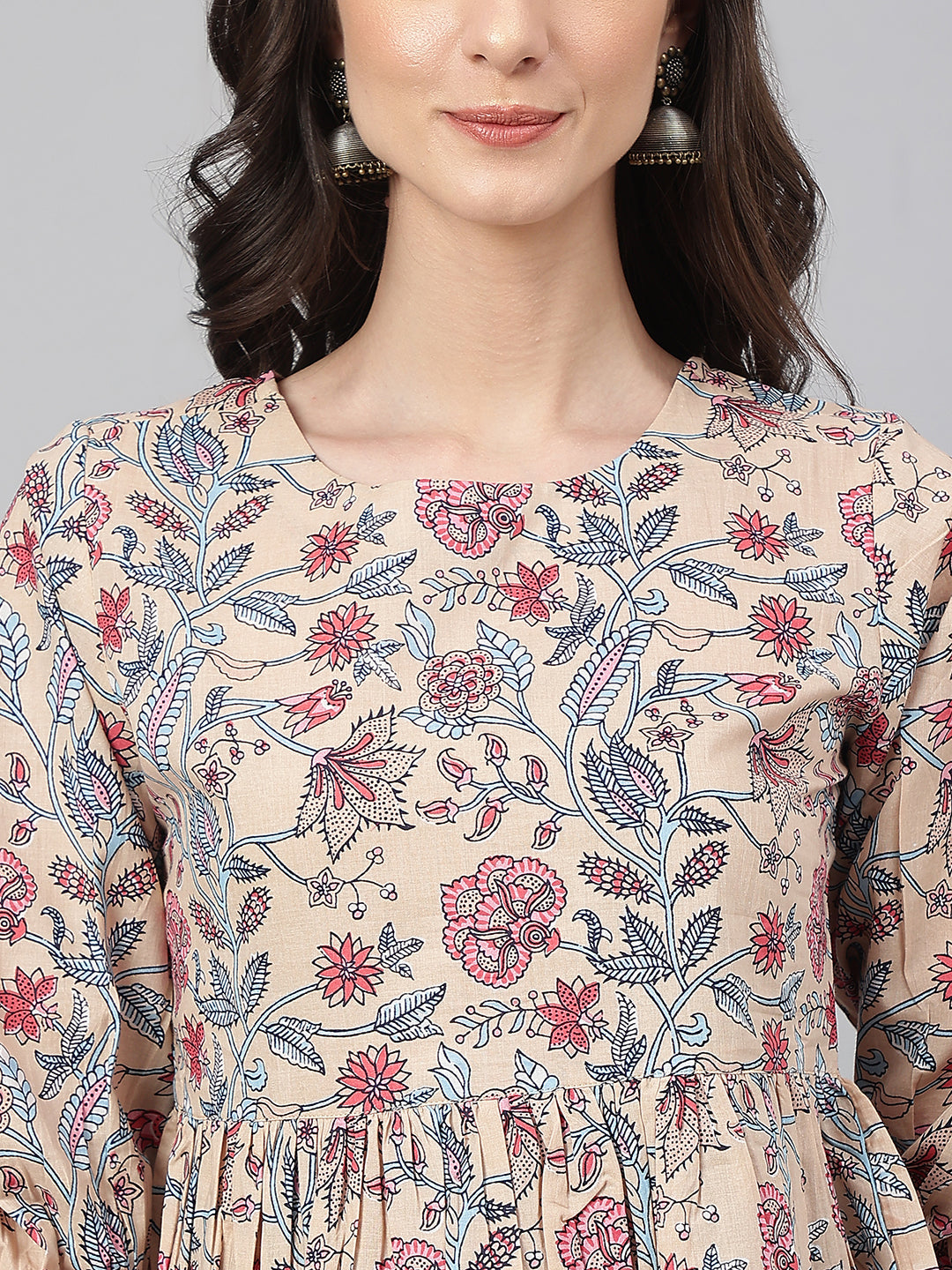 Janasya Women's Beige Cotton Floral Print Peplum Top - Distacart