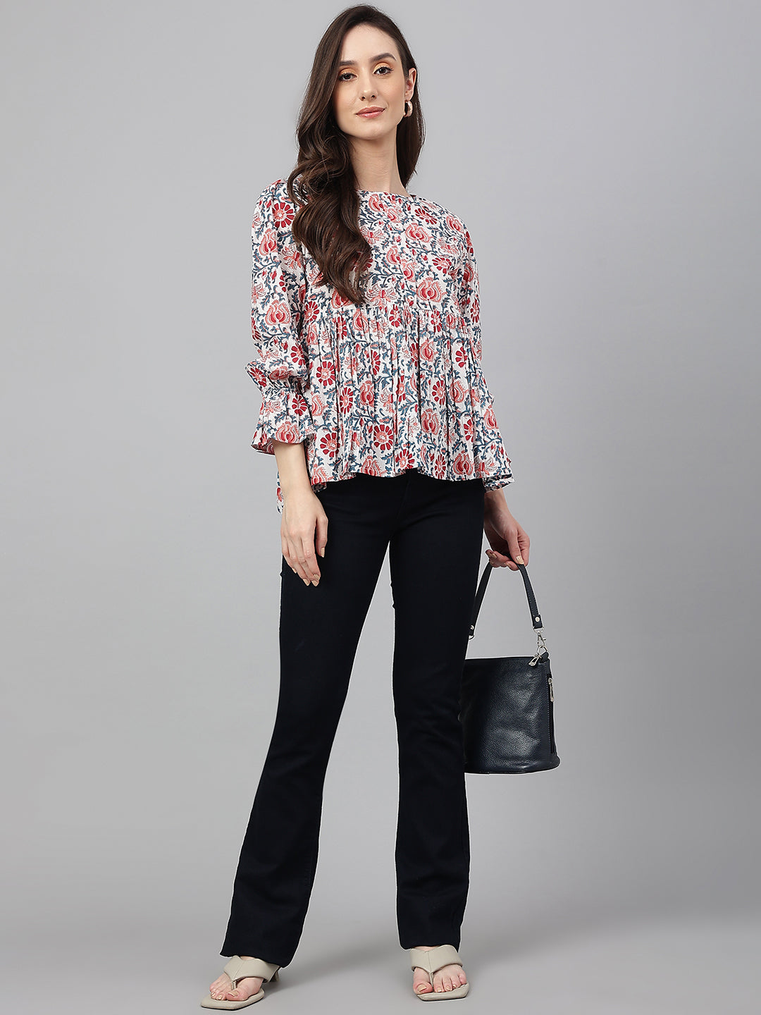 Janasya Women's White Cotton Floral Print Flared Top - Distacart