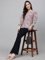 Janasya Women's White Cotton Floral Print Flared Top - Distacart