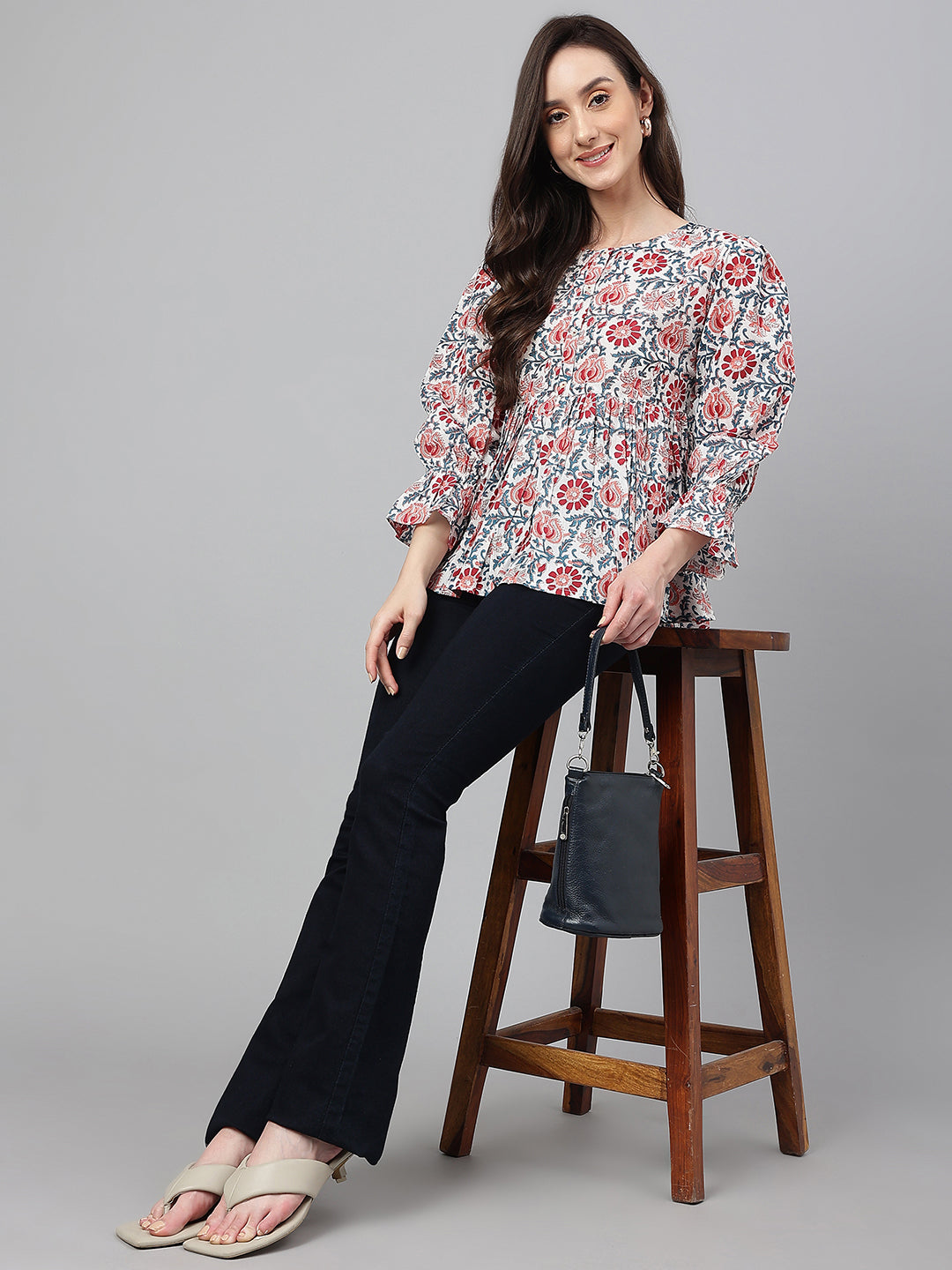 Janasya Women's White Cotton Floral Print Flared Top - Distacart