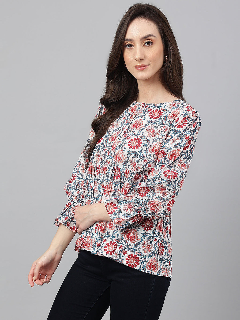 Janasya Women's White Cotton Floral Print Flared Top - Distacart