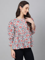 Janasya Women's White Cotton Floral Print Flared Top - Distacart