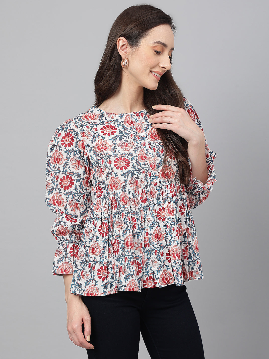 Janasya Women's White Cotton Floral Print Flared Top - Distacart