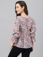 Janasya Women's White Cotton Floral Print Flared Top - Distacart