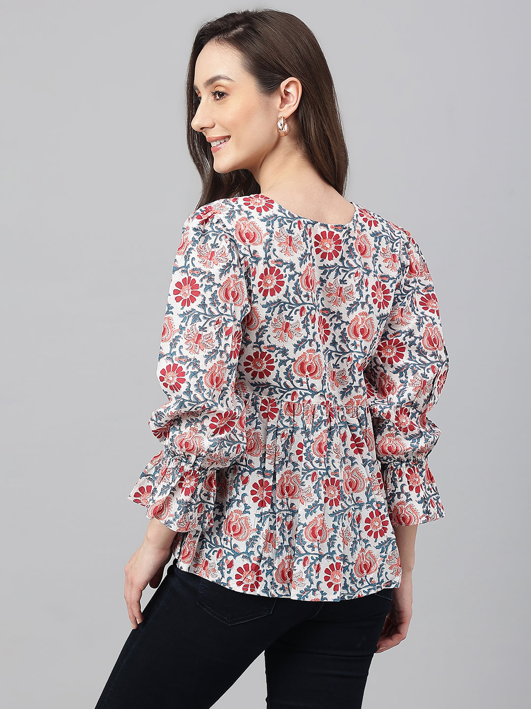 Janasya Women's White Cotton Floral Print Flared Top - Distacart