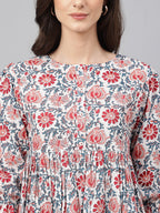 Janasya Women's White Cotton Floral Print Flared Top - Distacart