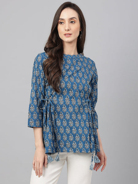 Janasya Women's Teal Cotton Floral Print Flared Top