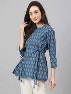 Janasya Women's Teal Cotton Floral Print Flared Top - Distacart