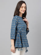 Janasya Women's Teal Cotton Floral Print Flared Top - Distacart